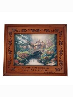 Scenic Cottage Bridge Wall Art Warm Wood Frame 22x18 Wall Hanging Derk Hansen